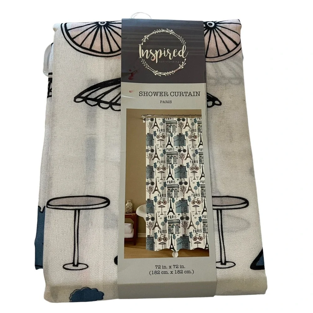 Paris Shower Curtain Eiffel Tower Inspired Surroundings 72 X 72 White Blue Gray